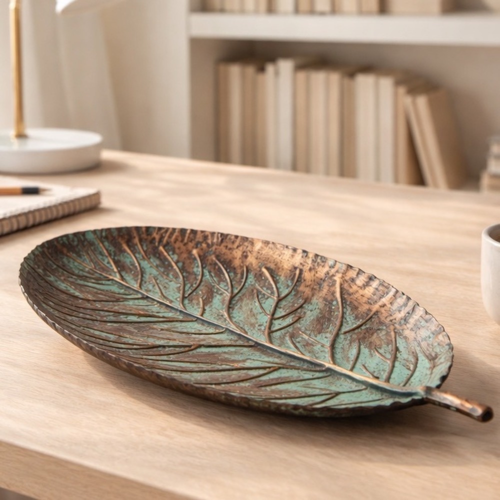 Verdigris Patina Metal Leaf Tray/ Wall Decor Bronze Green Botanical Catchall 13"